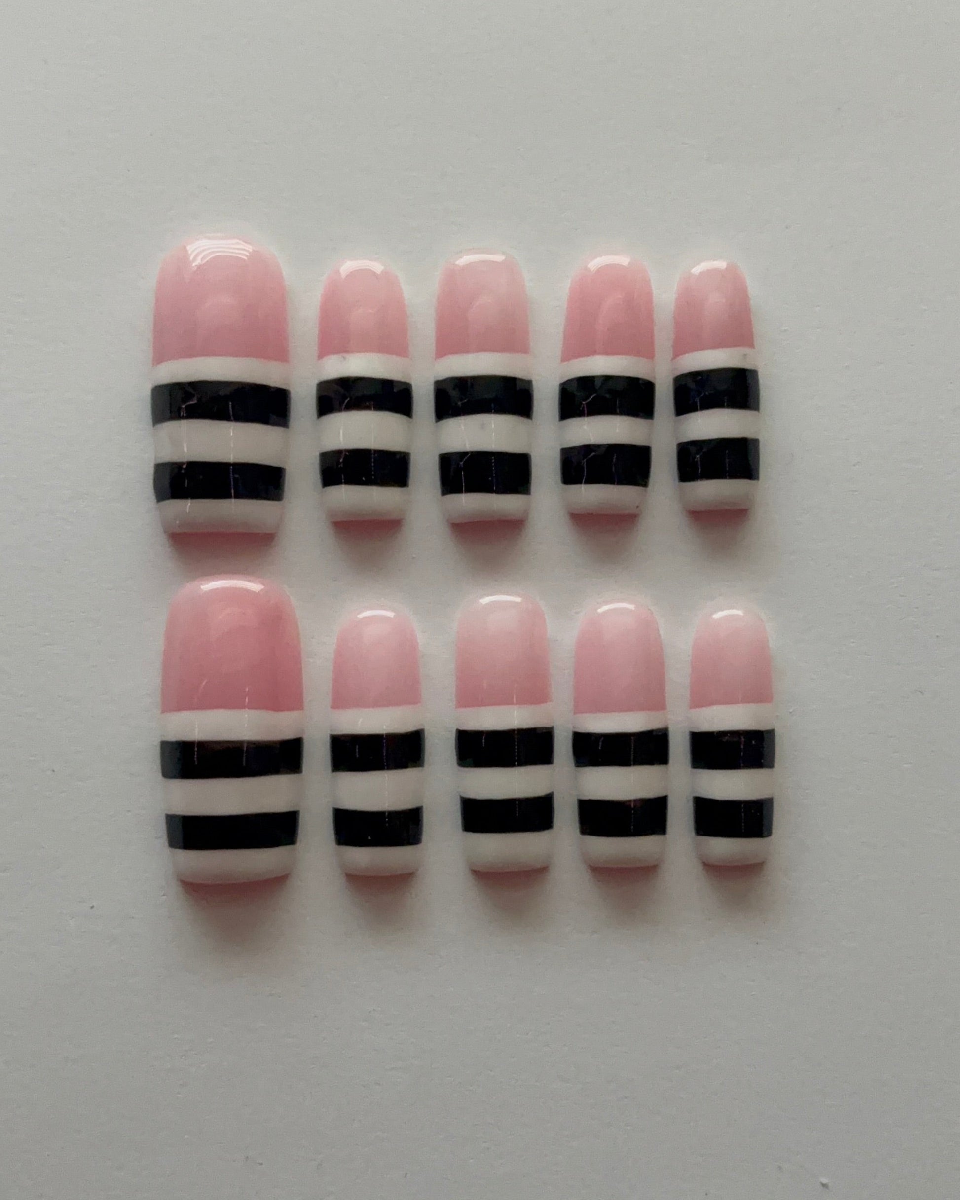 Striped Down press-on nails - top view